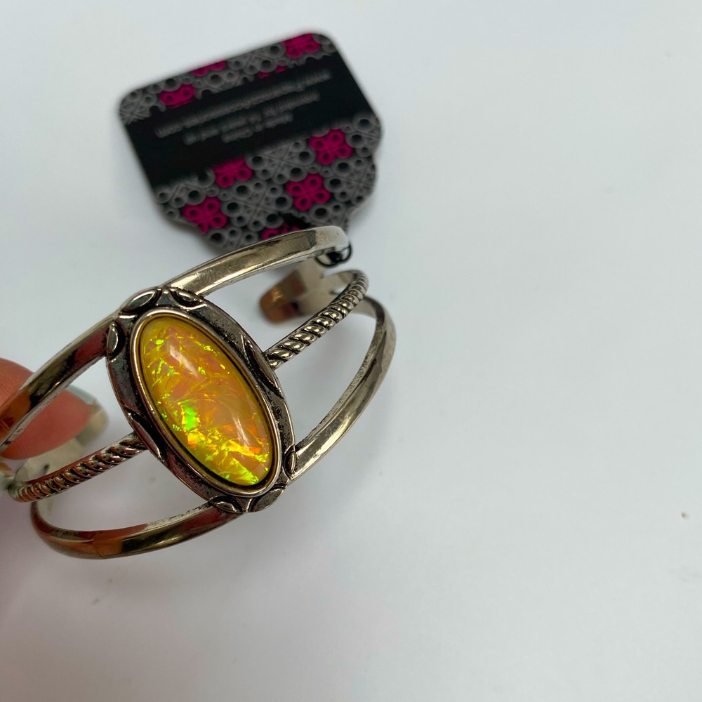 Silver Cuff Bracelet with Iridescent Yellow Stone